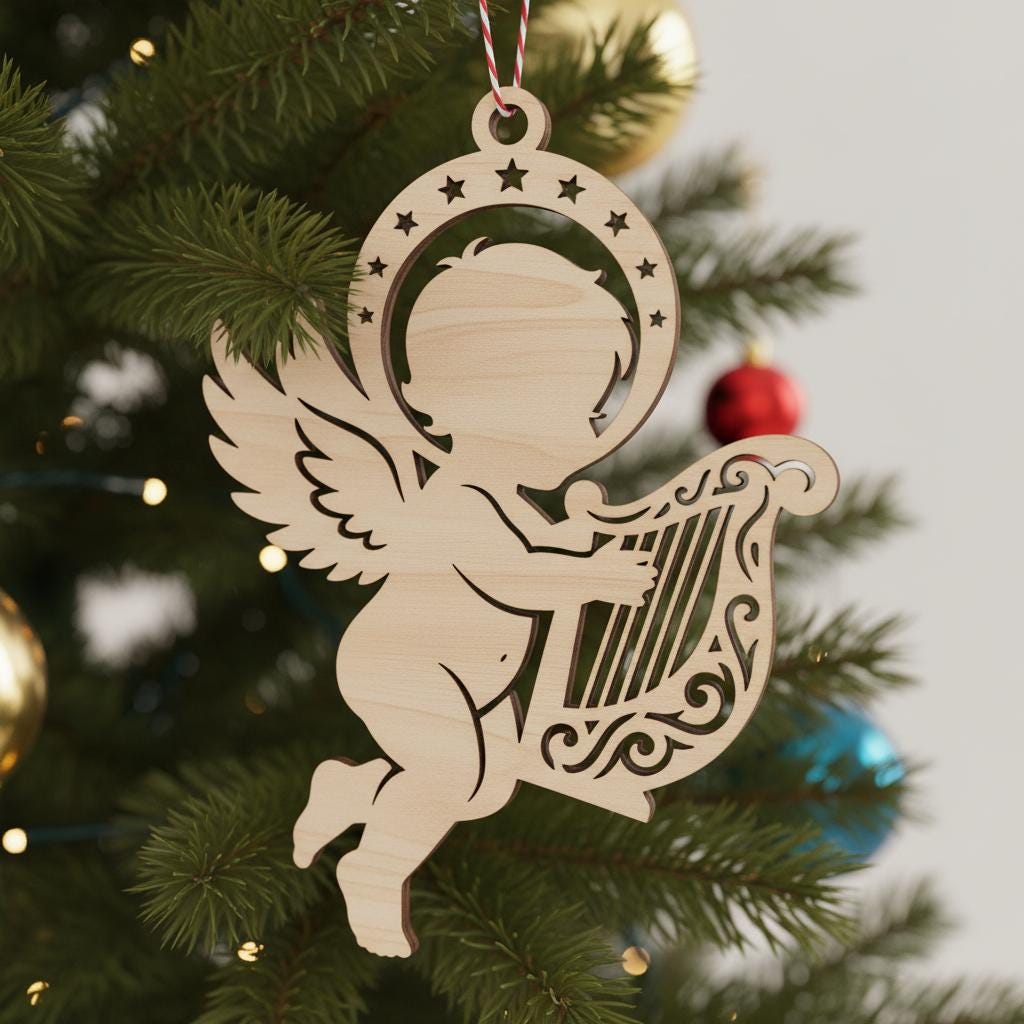 Set Ornamenti Angelo, Disegni Incisi al Laser Angelo Bambino Arpa Memoriale Natalizio - immagine 2
