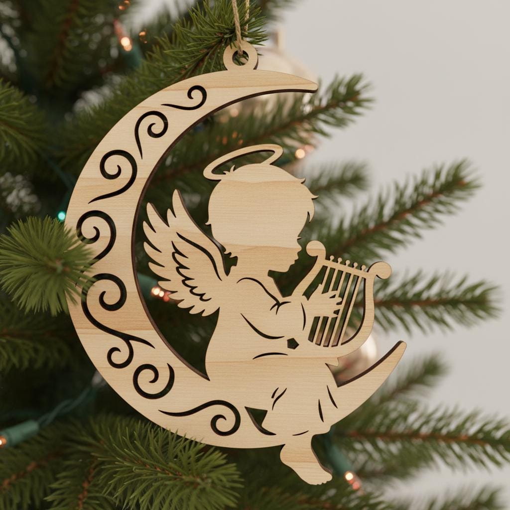 Set Ornamenti Angelo, Disegni Incisi al Laser Angelo Bambino Arpa Memoriale Natalizio - immagine 4