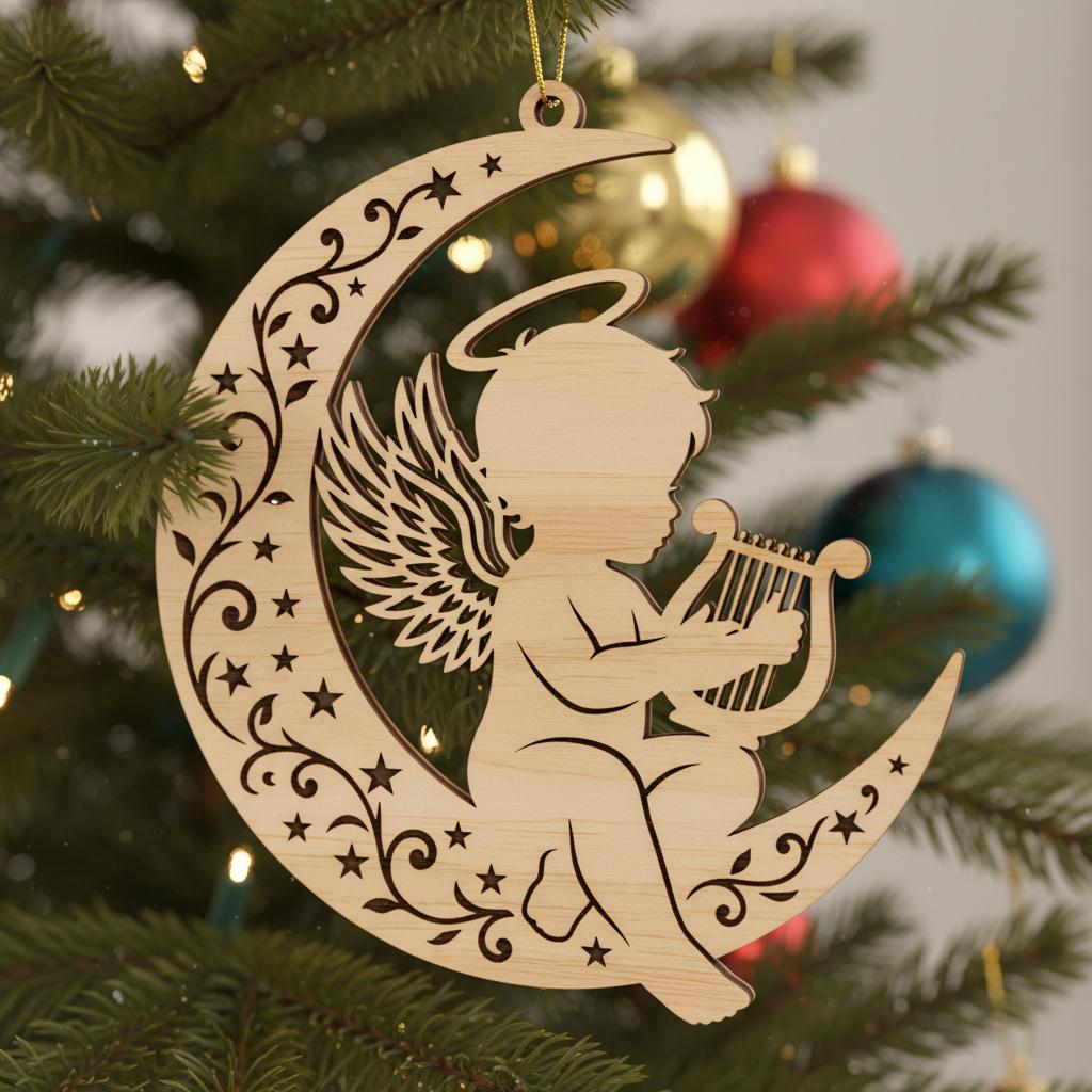 Set Ornamenti Angelo, Disegni Incisi al Laser Angelo Bambino Arpa Memoriale Natalizio - immagine 7