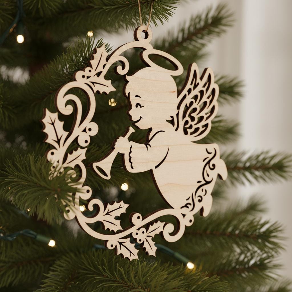 Bundle File Laser Ornamento Angelo, Angelo Bambino Natale Tromba, Decorazione Memoriale - immagine 2