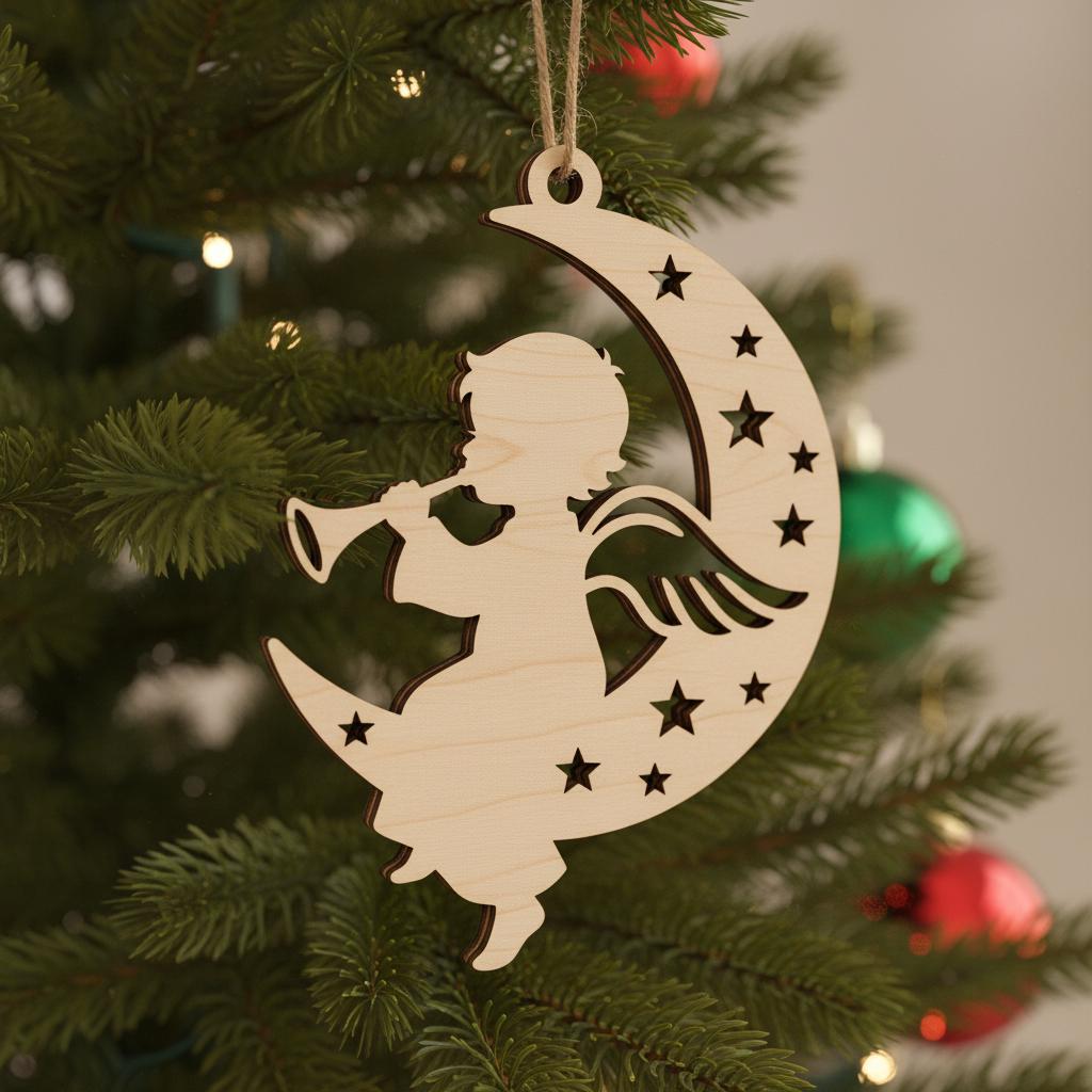 Bundle File Laser Ornamento Angelo, Angelo Bambino Natale Tromba, Decorazione Memoriale - immagine 3
