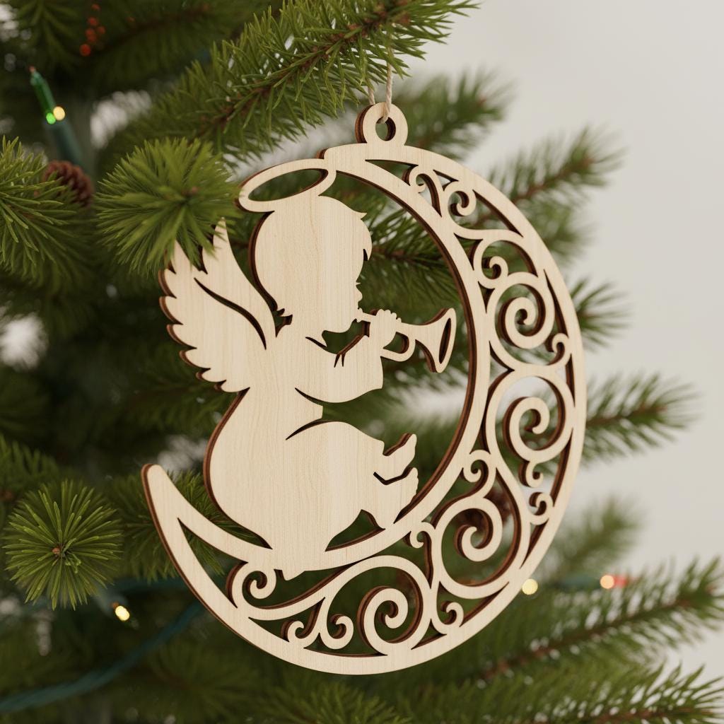 Bundle File Laser Ornamento Angelo, Angelo Bambino Natale Tromba, Decorazione Memoriale - immagine 5