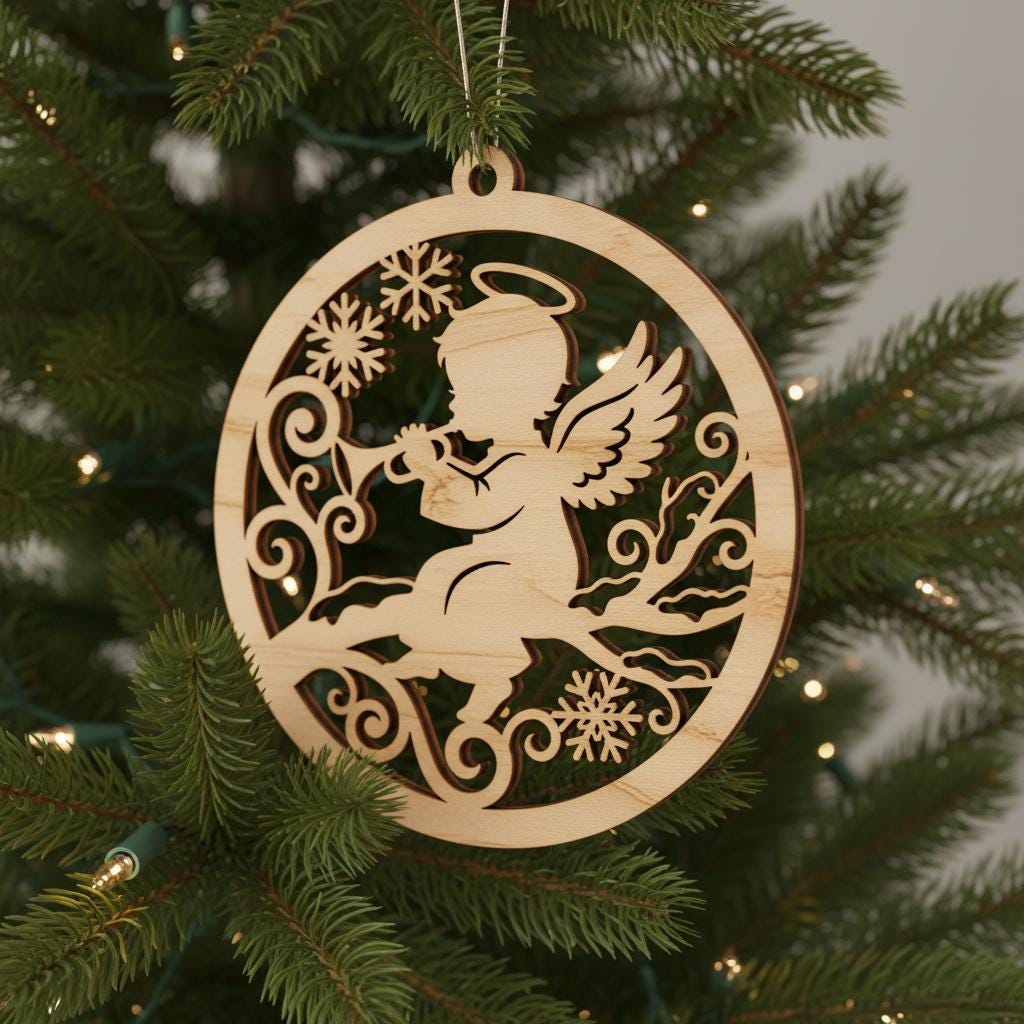 Bundle File Laser Ornamento Angelo, Angelo Bambino Natale Tromba, Decorazione Memoriale - immagine 6