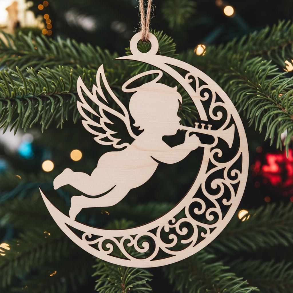 Bundle File Laser Ornamento Angelo, Angelo Bambino Natale Tromba, Decorazione Memoriale - immagine 7