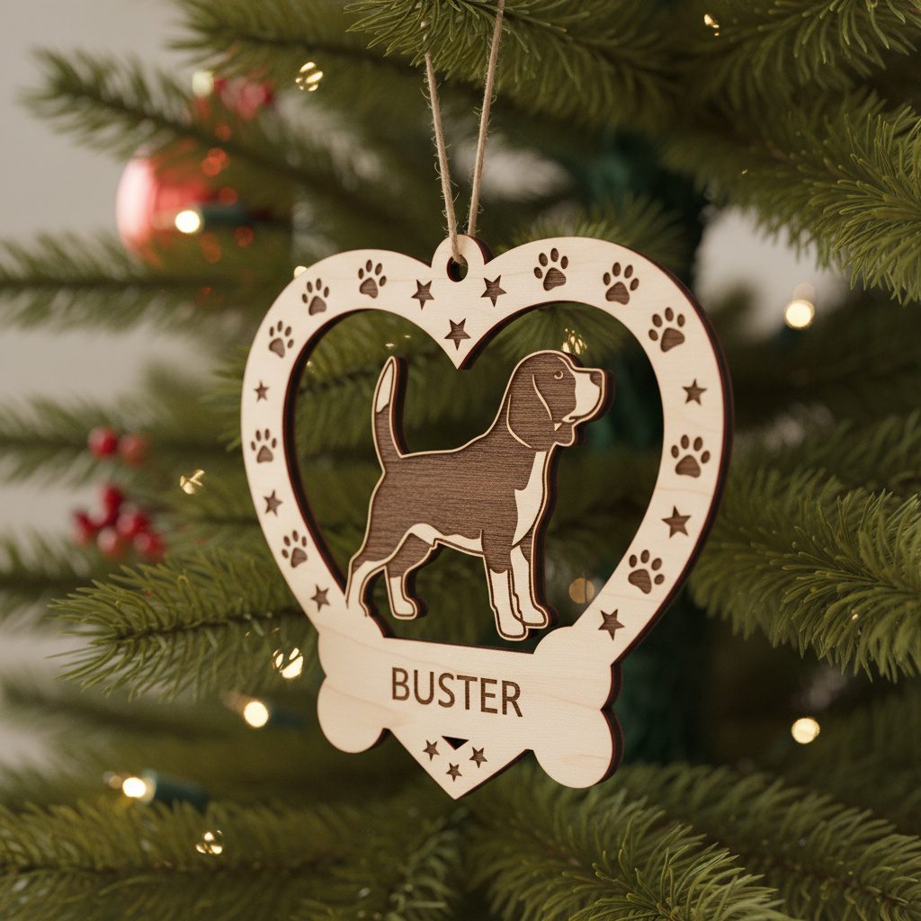 Beagle Christmas Ornament, Dog Paws and Stars, CNC