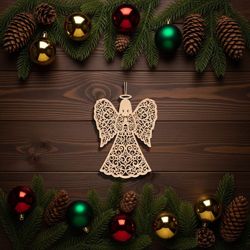 Adorno de Ángel de Navidad, Archivo de Láser CNC con Patrón Negro, Descarga Digital. - Imagen 4