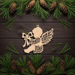 Christmas Angel Ornament, Holding Bow Art, Laser-Precision Design