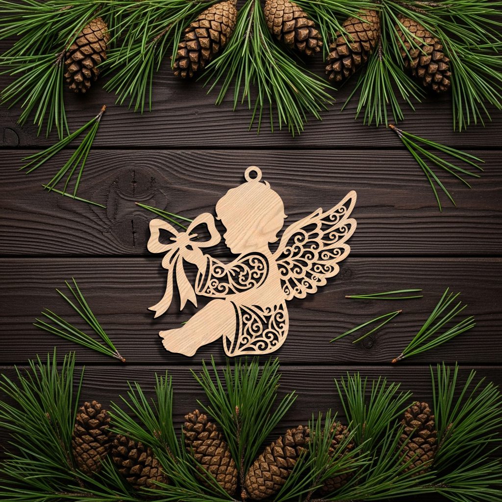 Christmas Angel Ornament, Holding Bow Art, Laser-Precision Design