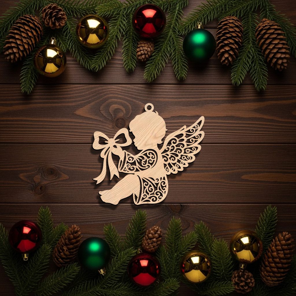 Christmas Angel Ornament, Holding Bow Art, Laser-Precision Design