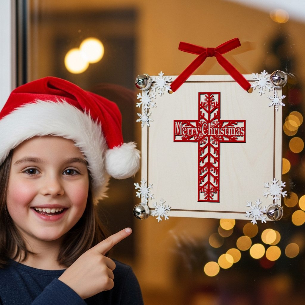 Croce di Natale, Appendiporta a Fiocco di Neve, Segnale per Festività Cristiana - immagine 4