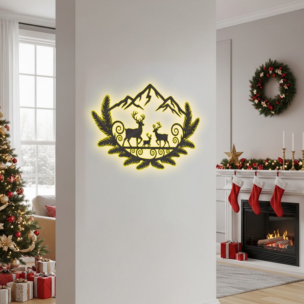 Weihnachten, Hirsch Familie, Berg, Metallschild Wandkunst Monogramm – Bild 2
