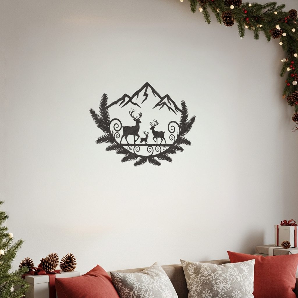 Weihnachten, Hirsch Familie, Berg, Metallschild Wandkunst Monogramm – Bild 4