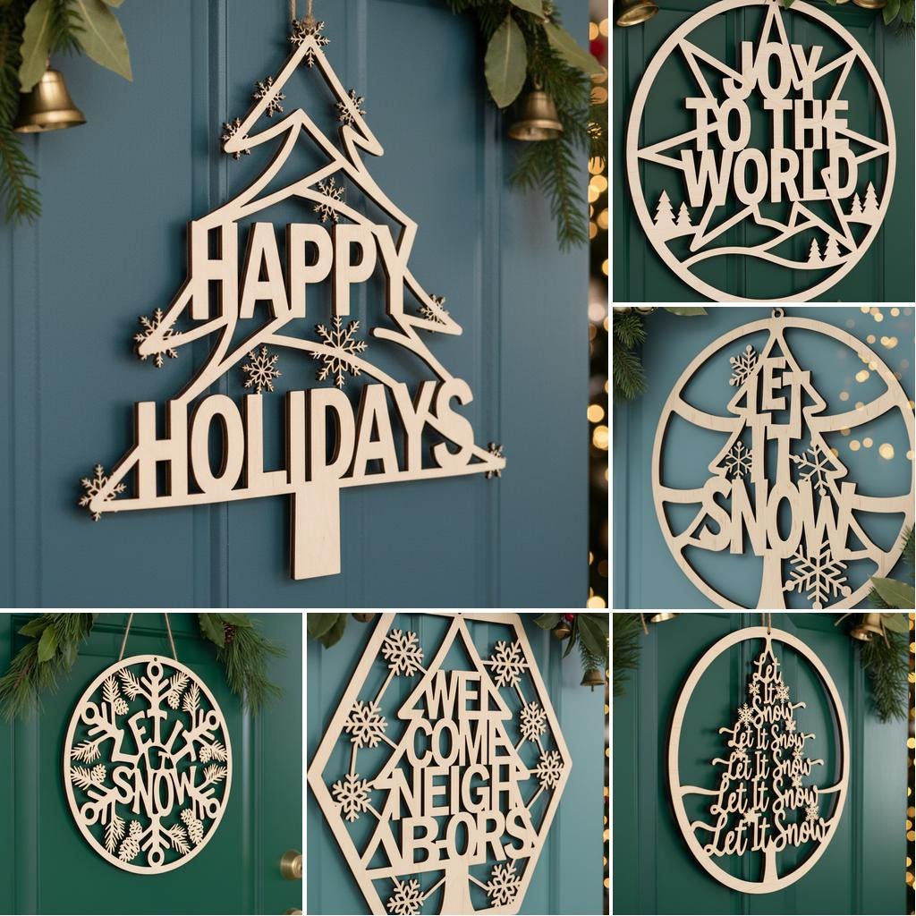 Christmas Door Hanger Bundle, Round Sign Laser Files, Festive Welcome Designs