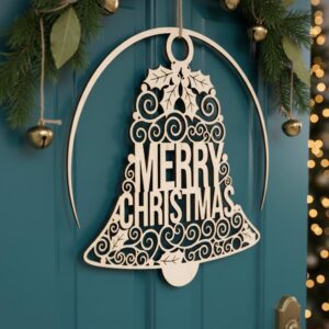 Christmas Door Hanger Laser File, Merry Christmas Sign with Bell, Holiday Porch Decor