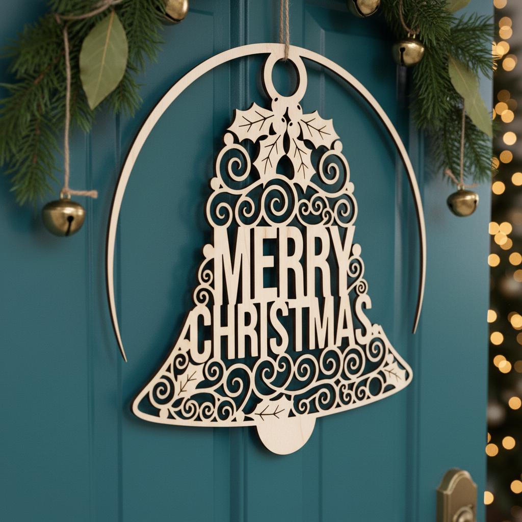 Christmas Door Hanger Laser File, Merry Christmas Sign with Bell, Holiday Porch Decor