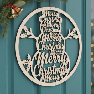 Christmas Door Hanger Round Snowman Sign, Merry Christmas Front Door Welcome Decor