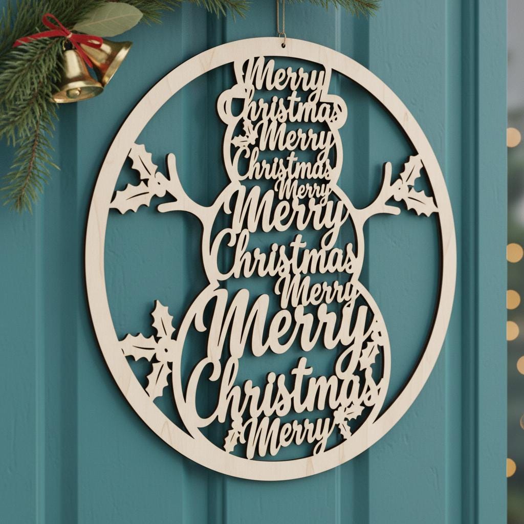 Christmas Door Hanger Round Snowman Sign, Merry Christmas Front Door Welcome Decor