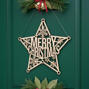 Christmas Door Hanger, Star Decor Round Holiday Porch Sign Laser File
