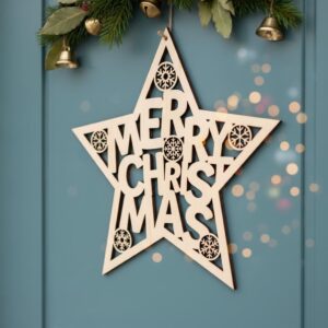 Christmas Door Sign, Merry Christmas Star Door Hanger, Laser File Download