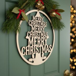 Christmas Door Sign, Round Hanging Decor with Tree, Festive Text for Holiday Entry