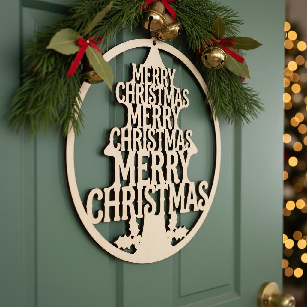 Christmas Door Sign, Round Hanging Decor with Tree, Festive Text for Holiday Entry