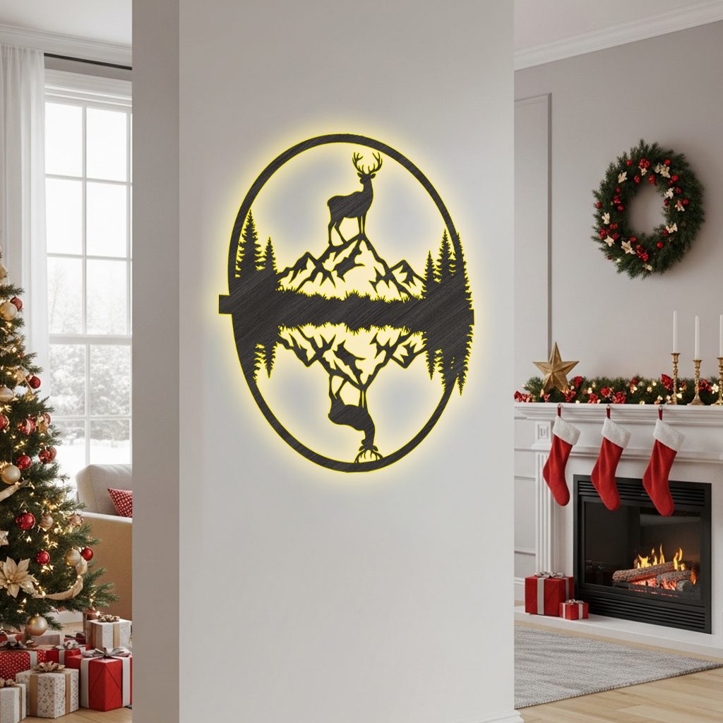 Christmas Laser Deer Mountain Sign, Monogram Wall Art,