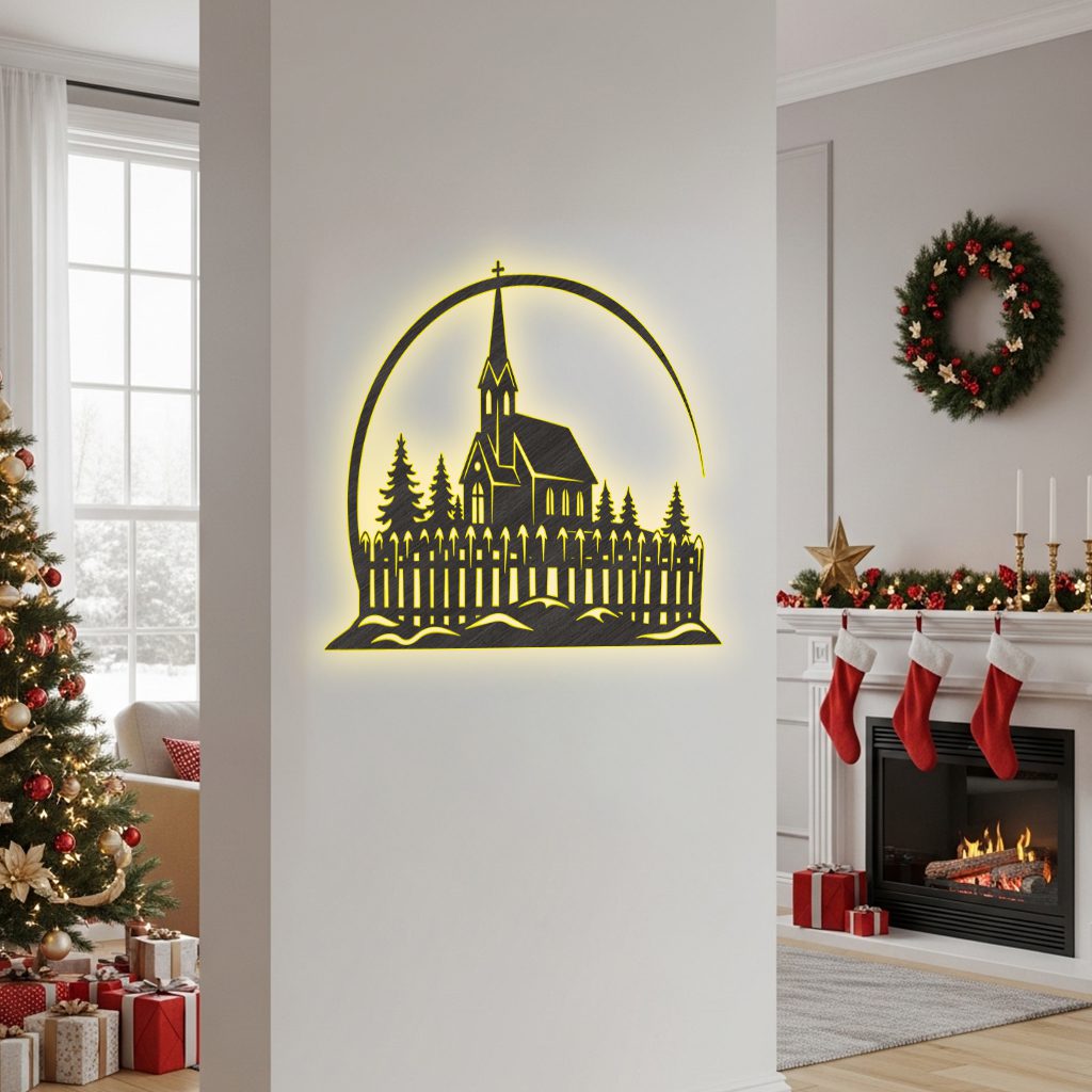 Archivo de grabado láser navideño, Arte de monograma de iglesia, Descarga de letrero metálico de invierno - Imagen 2