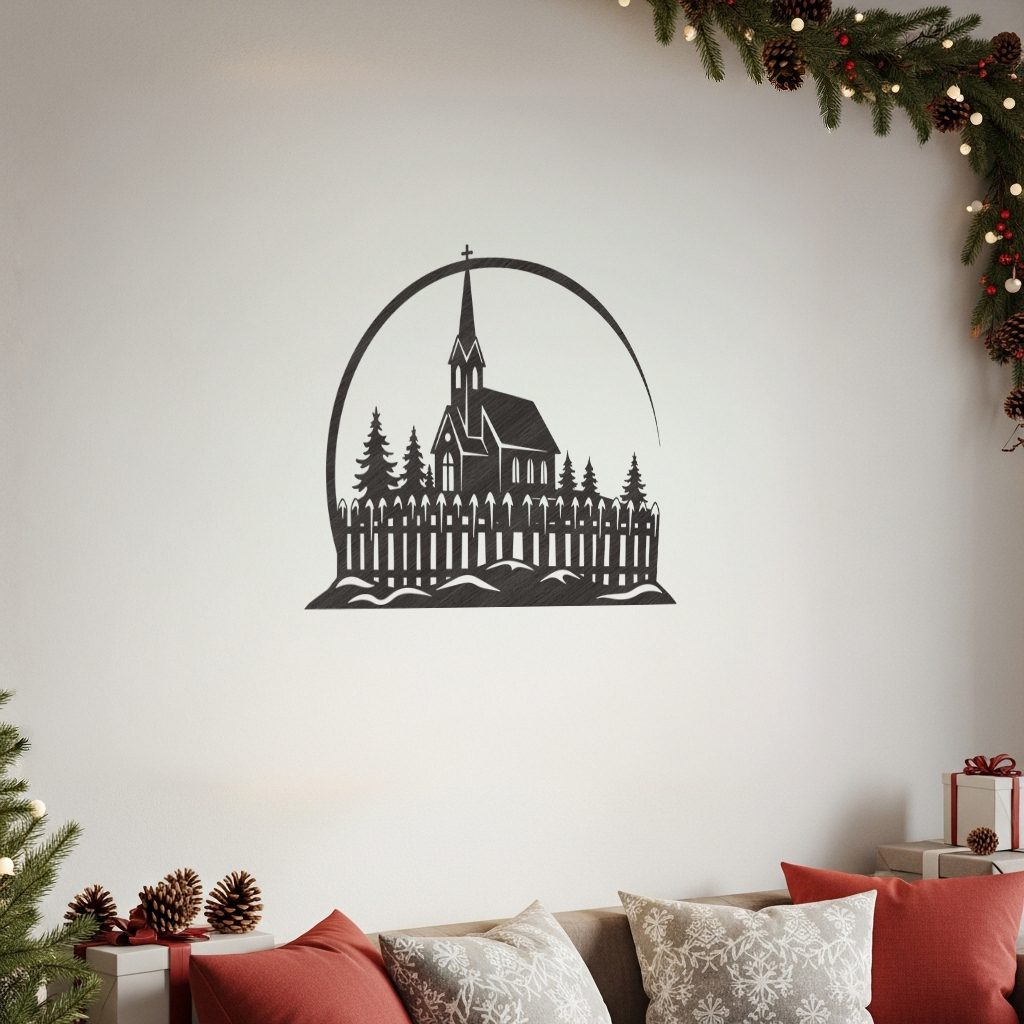 Archivo de grabado láser navideño, Arte de monograma de iglesia, Descarga de letrero metálico de invierno - Imagen 4