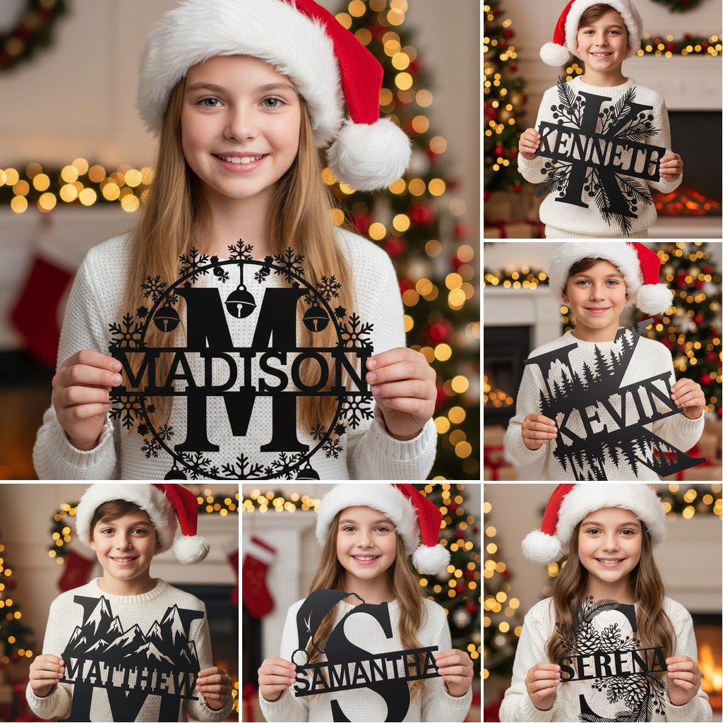 Christmas Monogram Metal Sign Bundle, Personalized Name, 8