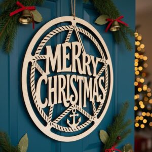 Christmas Nautical Door Hanger, Round Welcome Sign, Festive Home Decor Art