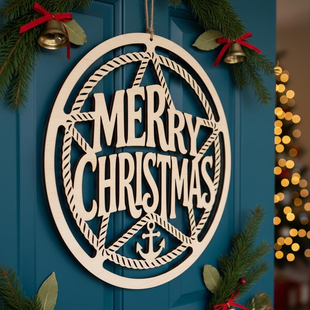 Christmas Nautical Door Hanger, Round Welcome Sign, Festive Home Decor Art