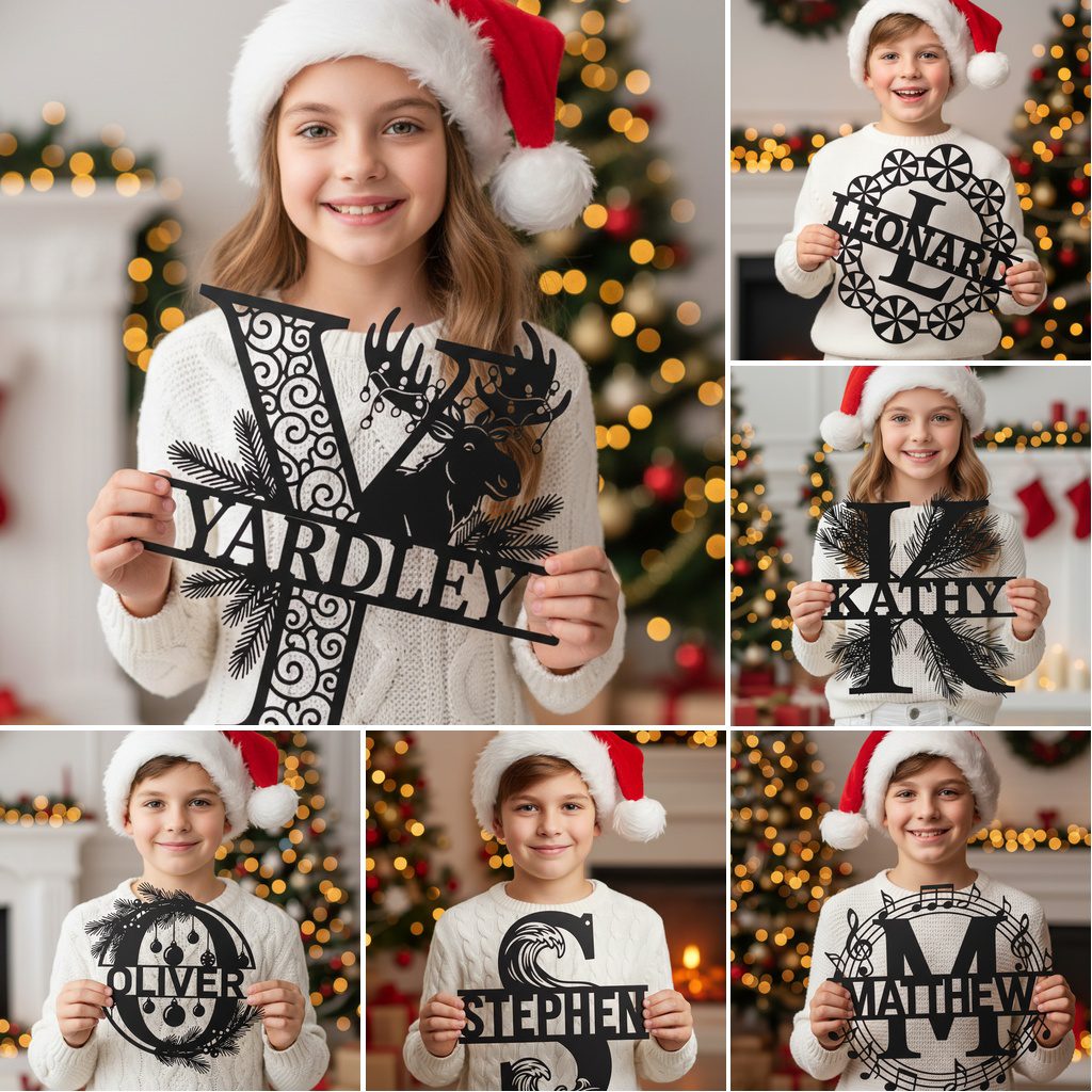 Christmas Personalized Engraved Monogram Metal Sign Bundle, 9