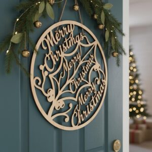 Christmas Round Door Hanger, Welcome Porch Sign File, Festive Laser Cut Design
