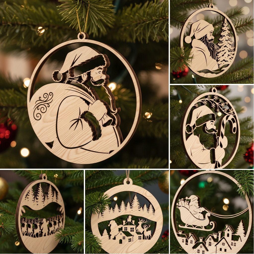 Christmas Santa Ornament Bundle, 8 Holiday Laser File