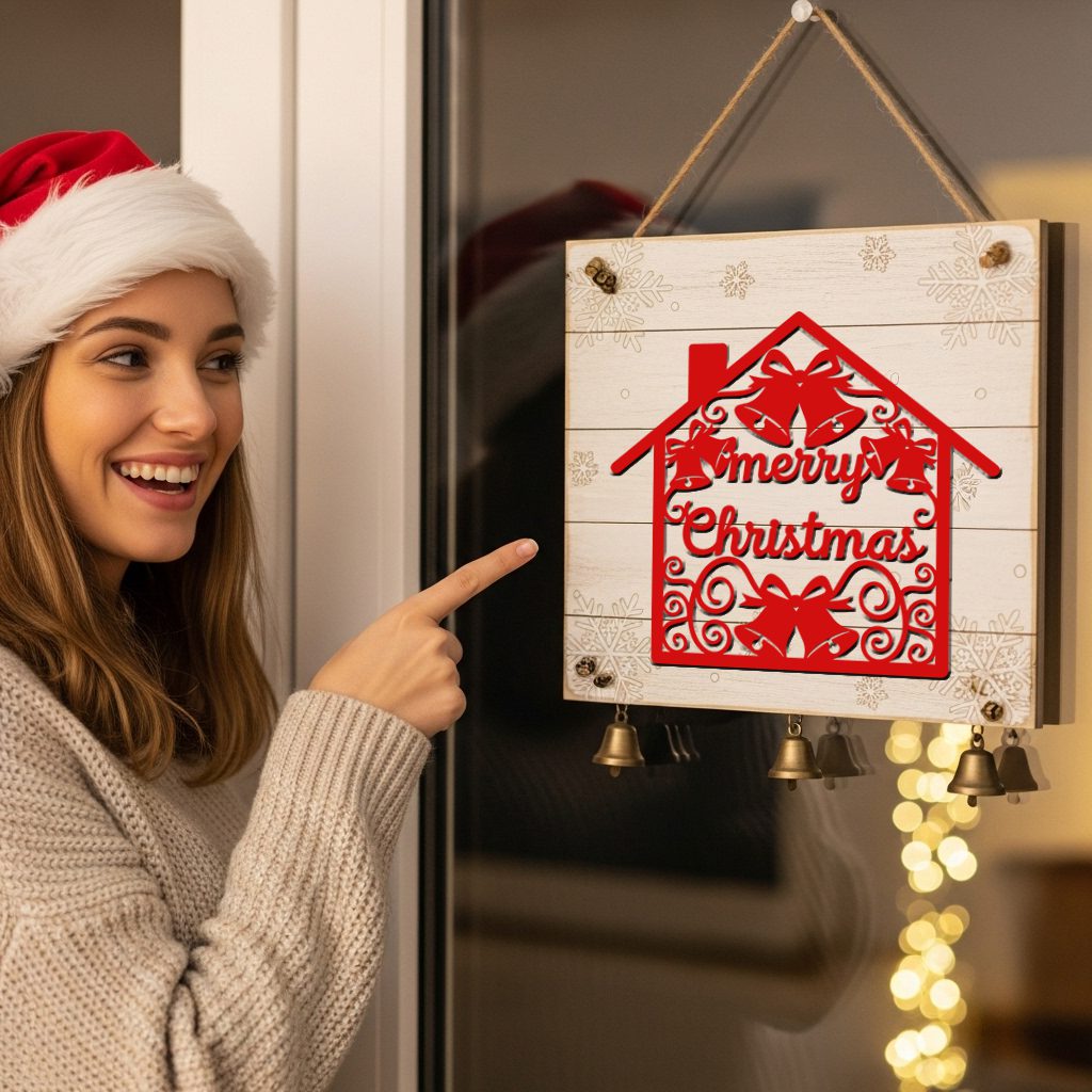 Festive Christmas Door Hanger, House Sign with Bells,