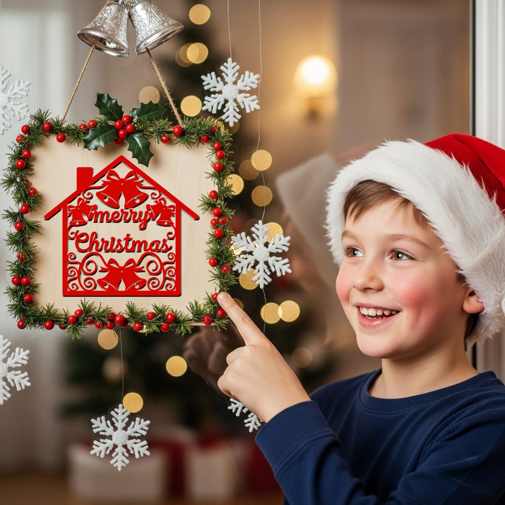 Festive Christmas Door Hanger, House Sign with Bells,