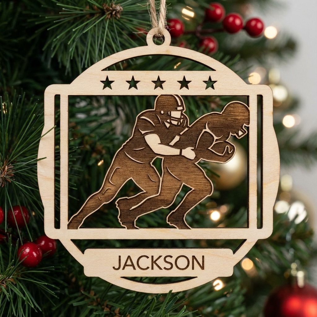 Football Ornament, Sports Player Tackle Silhouette, Personalized Name