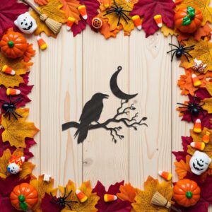 Halloween Crow Ornament with Crescent Moon and Branch,