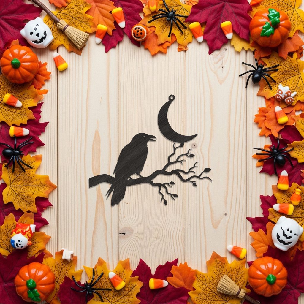 Halloween Crow Ornament with Crescent Moon and Branch,