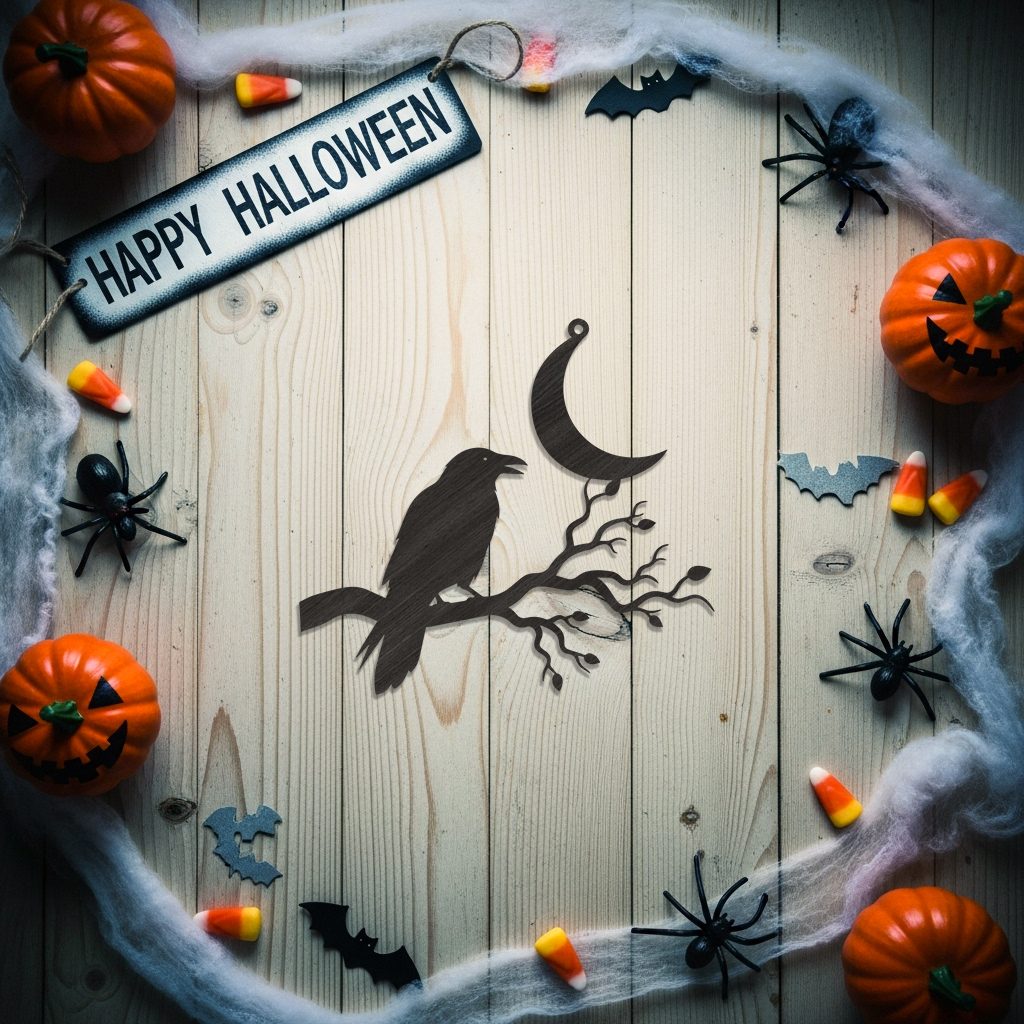 Halloween Crow Ornament with Crescent Moon and Branch,