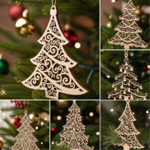 Laser Christmas Ornament Set, 6 Pine Tree Decorations,