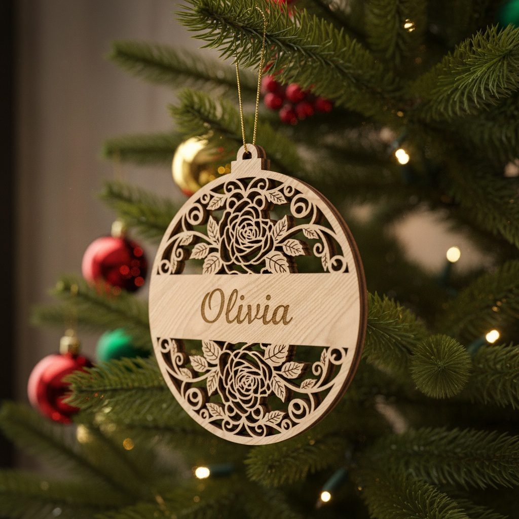 Laser Engraved Christmas Ornament, Personalized Rose and Banner