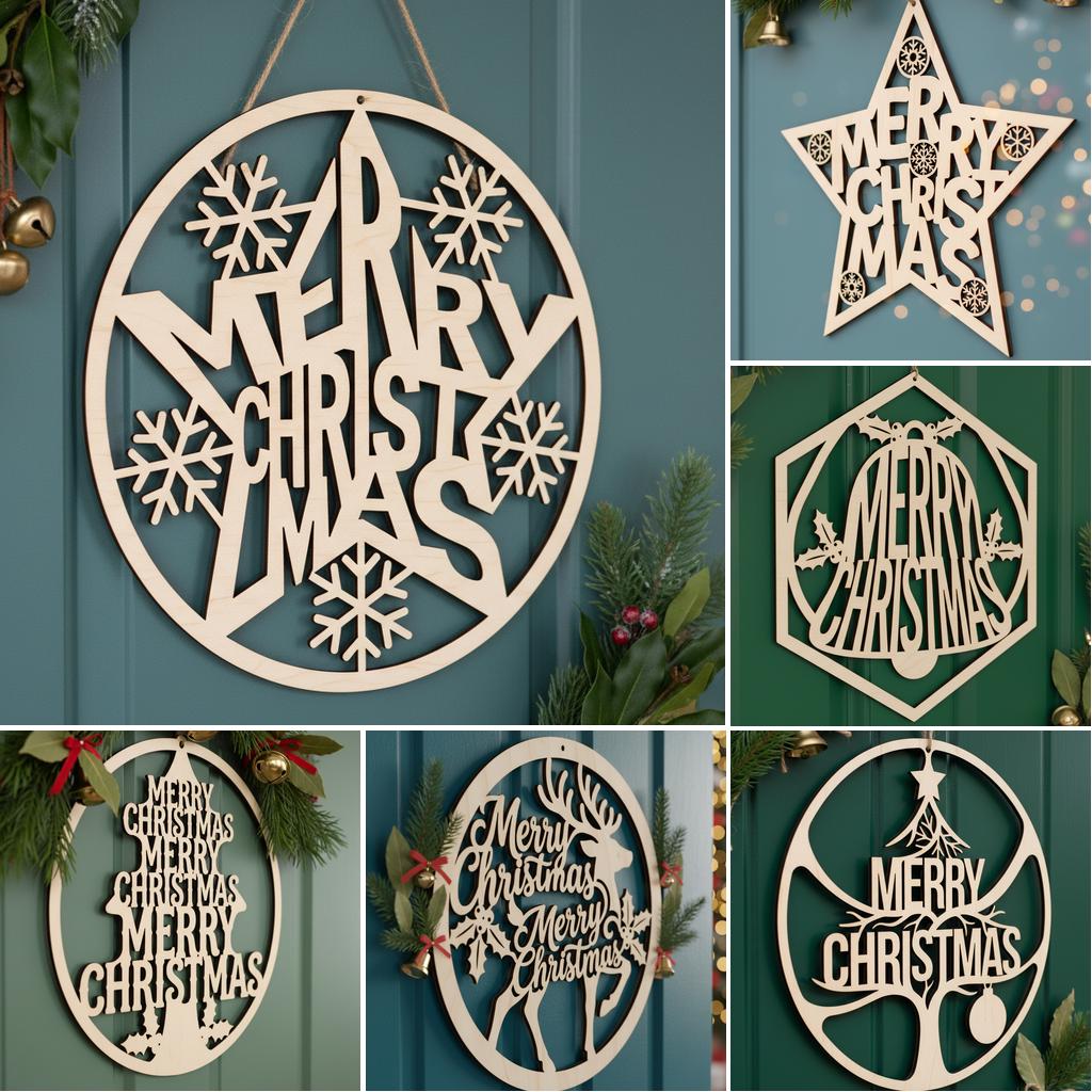 Merry Christmas Door Hanger Bundle, Round Holiday Sign, Laser Design File