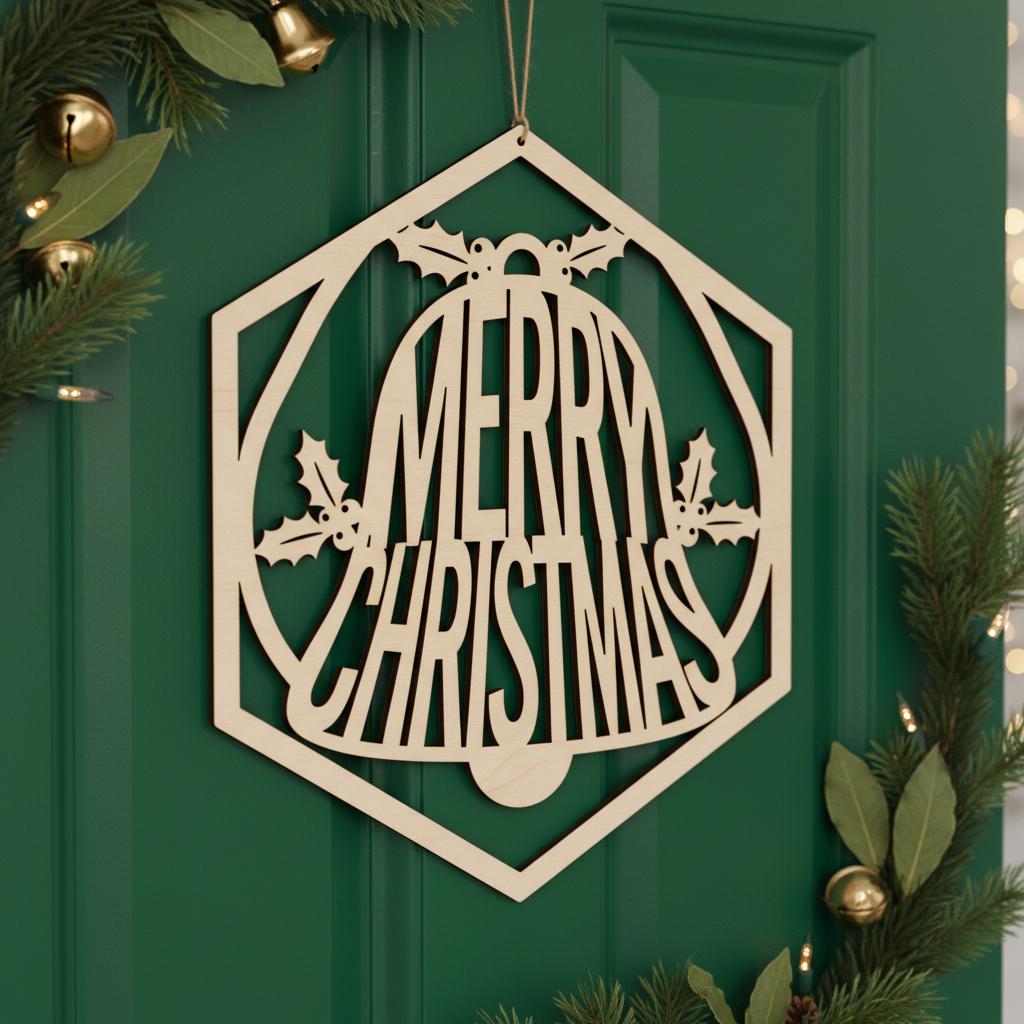 Ensemble de décorations de porte "Joyeux Noël", Panneau de porte rond pour les fêtes, Fichier de conception laser. – Image 2