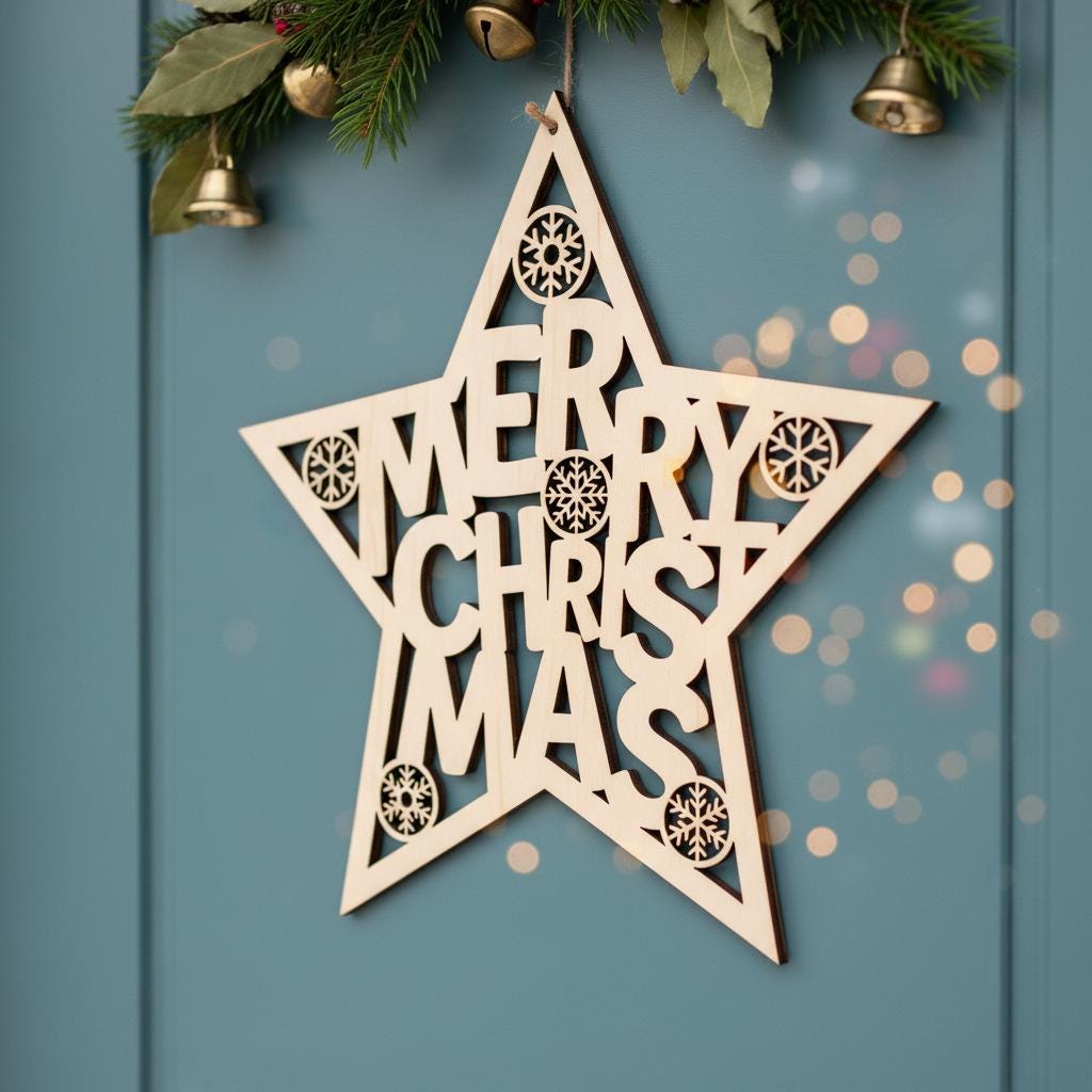 Ensemble de décorations de porte "Joyeux Noël", Panneau de porte rond pour les fêtes, Fichier de conception laser. – Image 3