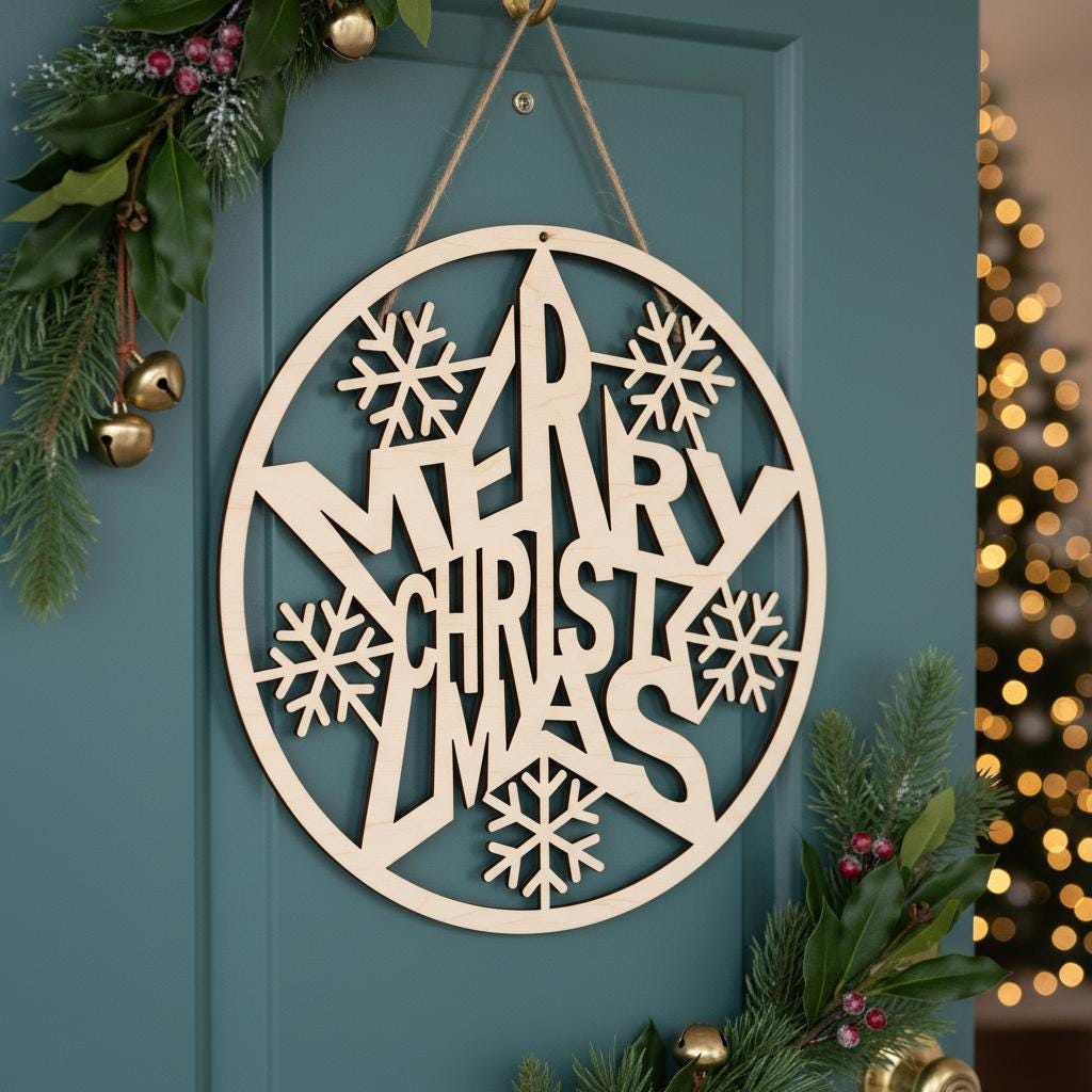 Ensemble de décorations de porte "Joyeux Noël", Panneau de porte rond pour les fêtes, Fichier de conception laser. – Image 4