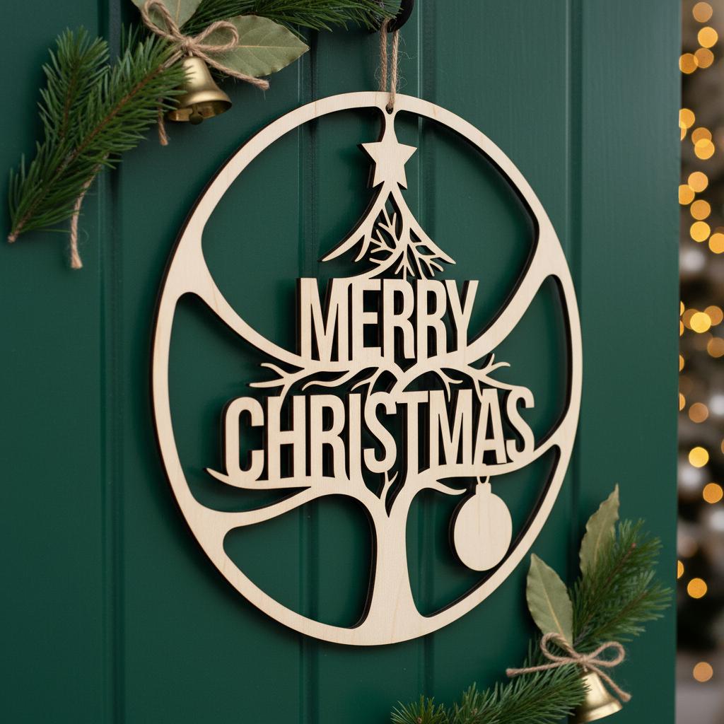 Ensemble de décorations de porte "Joyeux Noël", Panneau de porte rond pour les fêtes, Fichier de conception laser. – Image 5
