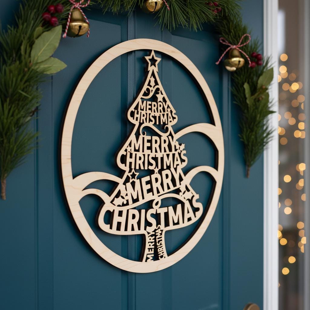 Merry Christmas Tree Round Door Hanger, Laser Door Sign File, Holiday Decor