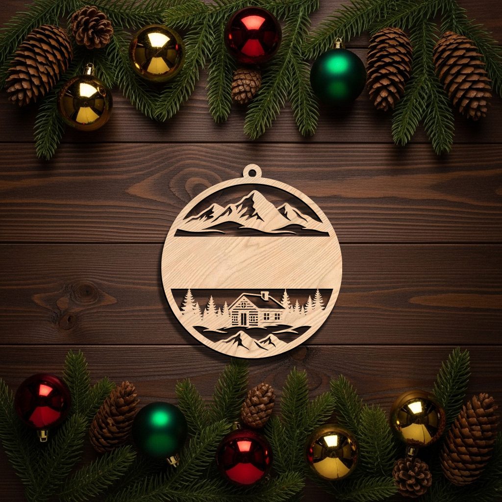 Mountain Ornament Christmas Design, Personalized Circular Holiday Decoration
