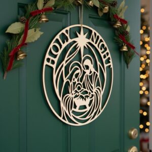 Nativity Door Hanger, Christmas Laser File, Round Christian Manger Scene Sign